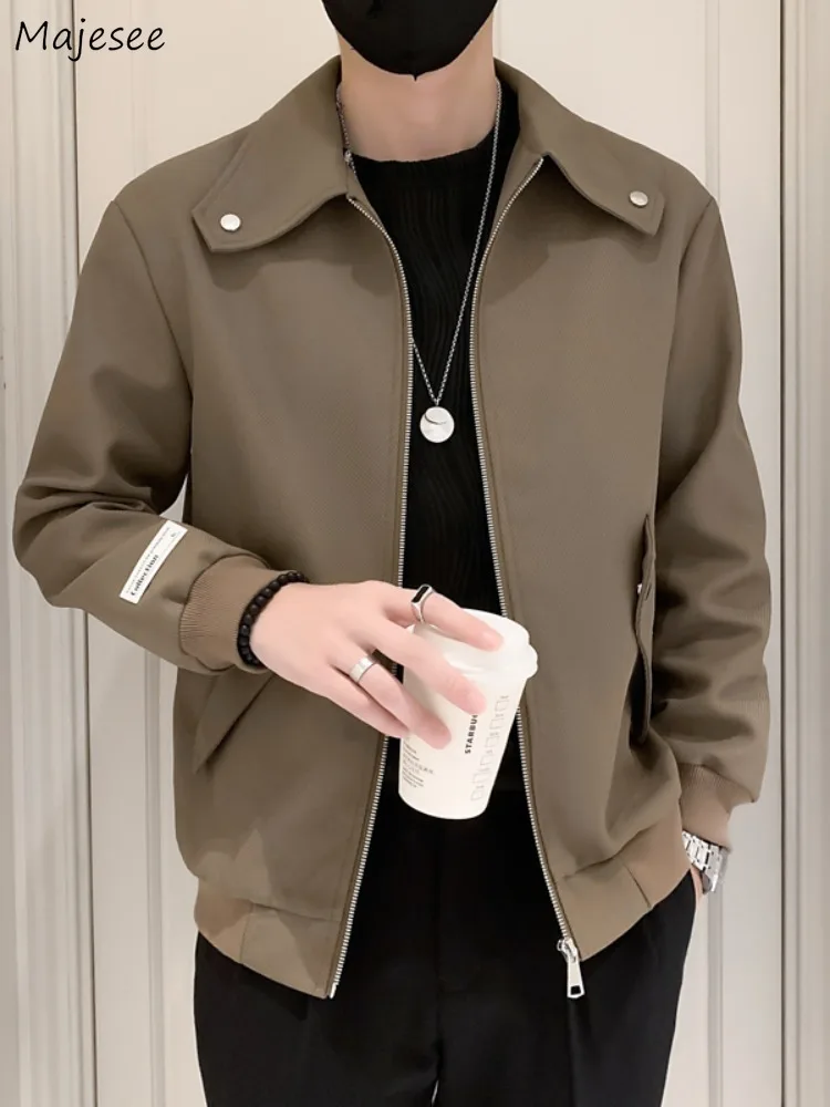 

Jackets Men Smart Casual Chic Solid Rib Sleeve Turn-down Collar Autumn Winter Tops Zippers Daily Trendy All-match Loose Pockets