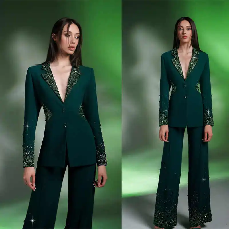 

Блестящие женские костюмы из 2 предметов, элегантная куртка с зубчатыми лацканами, широкие брюки, вечерние платья по индивидуальному заказу