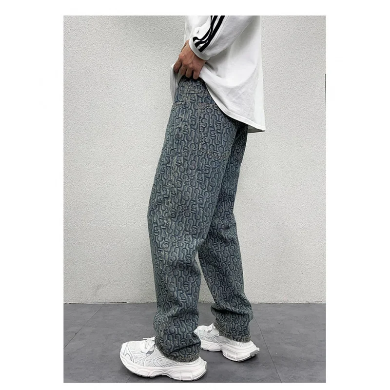 Hip-Hop Street Design Full Printed Washed-out Vintage Wide Leg Jeans Men's American Style Trend Loose Casual Straight Trousers