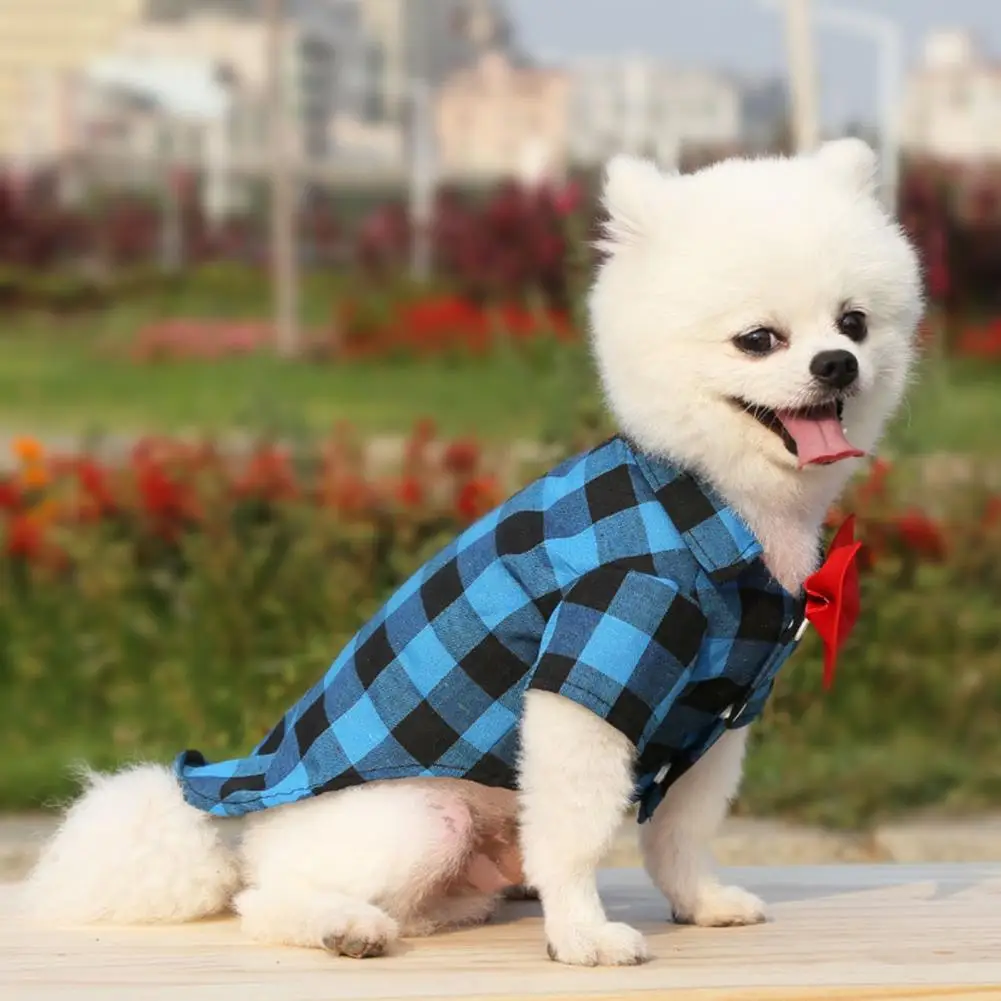 Dog T-Shirt Plaid Printing Bow-knot Decor Puppy Blouse Polyester Turndown Collar Dogs Costume Shirt For Daily Life Wedding