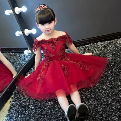 New Shoulderless Flower Girls Dresses For Wedding Appliques Formal Girl Birthday Party Dress Red Lace Princess Ball Gown