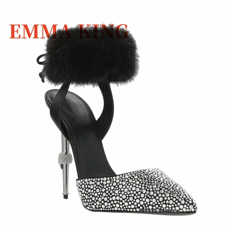 

Luxury Crystal Women Pumps 2026 Fur Ankle Strap High Heel Sandals Ladies Pointed Toe Wedding Party Brand Fashion Shoes For Women