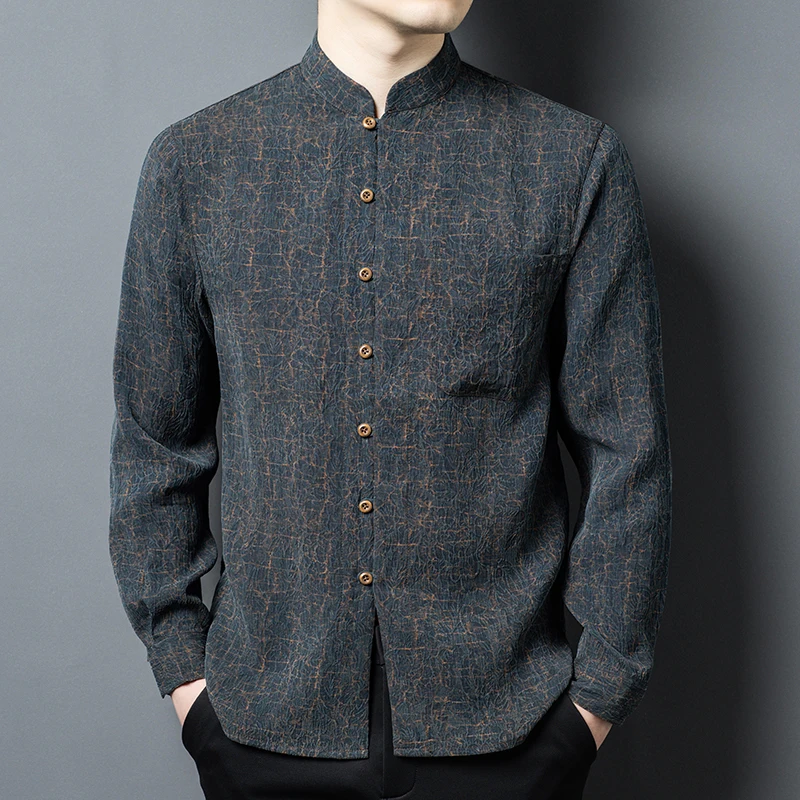 

Crack Gambiered Canton Gauze Shirts For Men Long Sleeve Coolness Summer Quality 100% Silk Skin-Friendly Pocket Camisas De Hombre