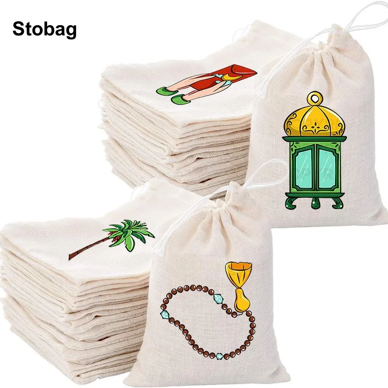 StoBag 50pcs Wholesale Eid Mubarak Ramadan Cotton Drawstring Bags Small Bundle Pocket Kids Candy Gift Packaging Reusable Pouch