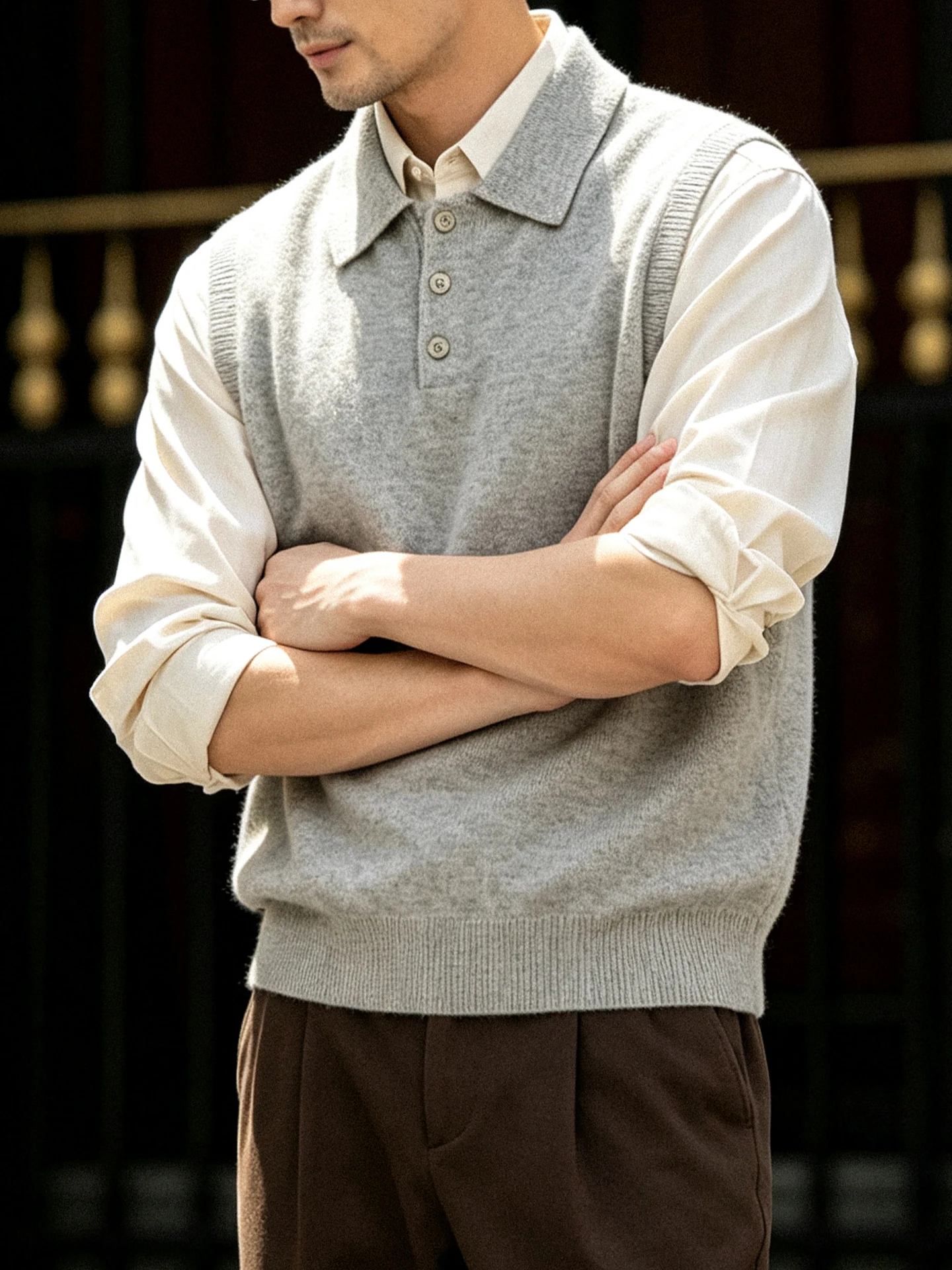 Men's  Neck Knitted Vest Light Grey Sweater Autumn Layering Commuting Versatile Vest Regular Fit Wool Blend Casual Wear