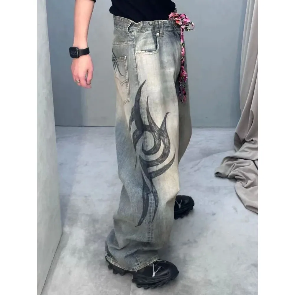 

American Vibe Dragon Totem Print Wide Leg Jeans Men's High S Cleanfit Sle Non-sinkable Polyde Fiber Neutral Dstring