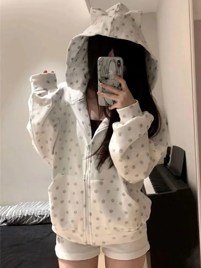 

Autumn New Cat Ear Hoodie Women's Japanese Fashion Women's Sweet Loose Zip Up Hoodie Coat Y2k Kawaii Clothes Sweatshirts