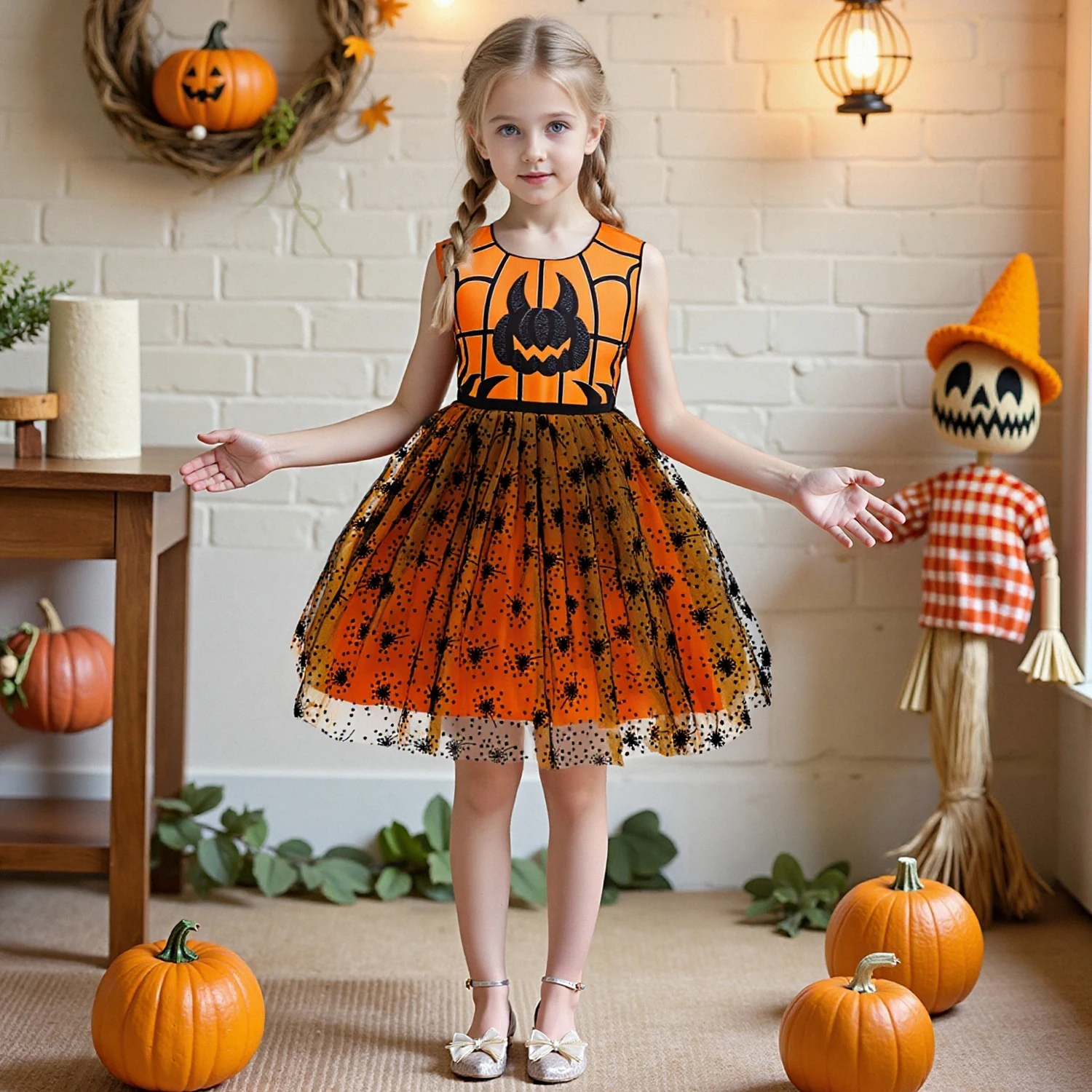 

Halloween Dress for Girls 2 - 10Y, Orange Pumpkin & Spider Web Print, Sleeveless Top with Tulle Skirt, Festive Party Costume