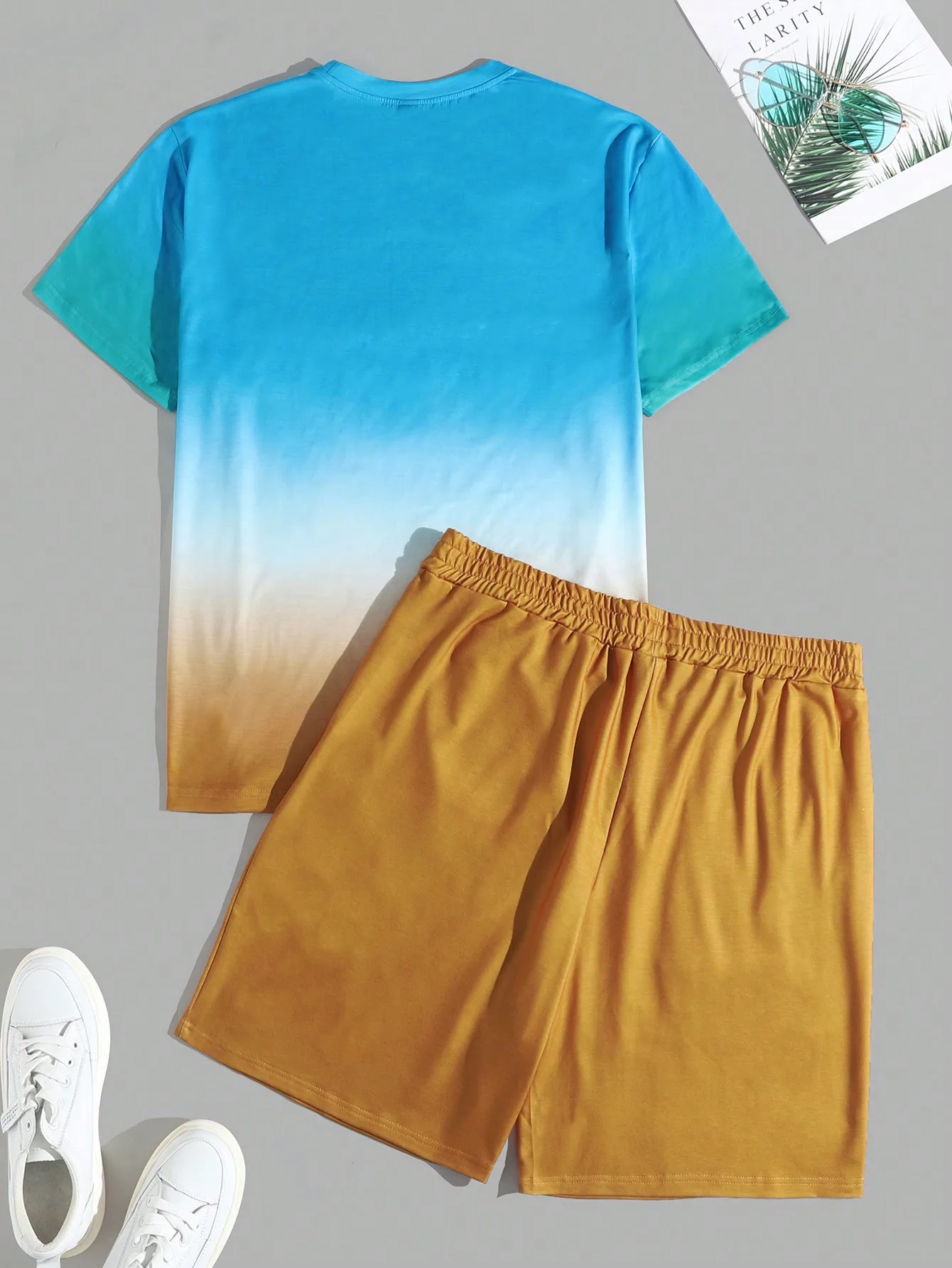 Terno de retalhos gradual masculino moda casual verão shorts de manga curta rua simples wear