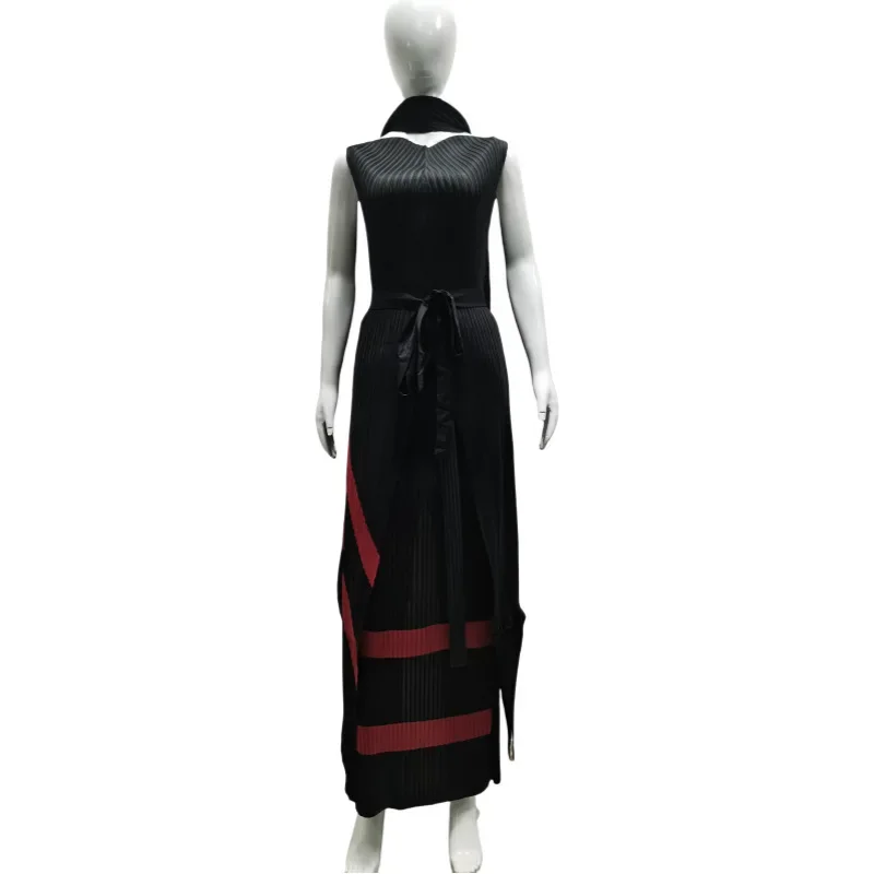 2 Miyake Pleated 2024 Set High End Round Neck Sleeveless Irregular Long Belt Top + High Waist Pantskirt 2 Piece Set Fashion