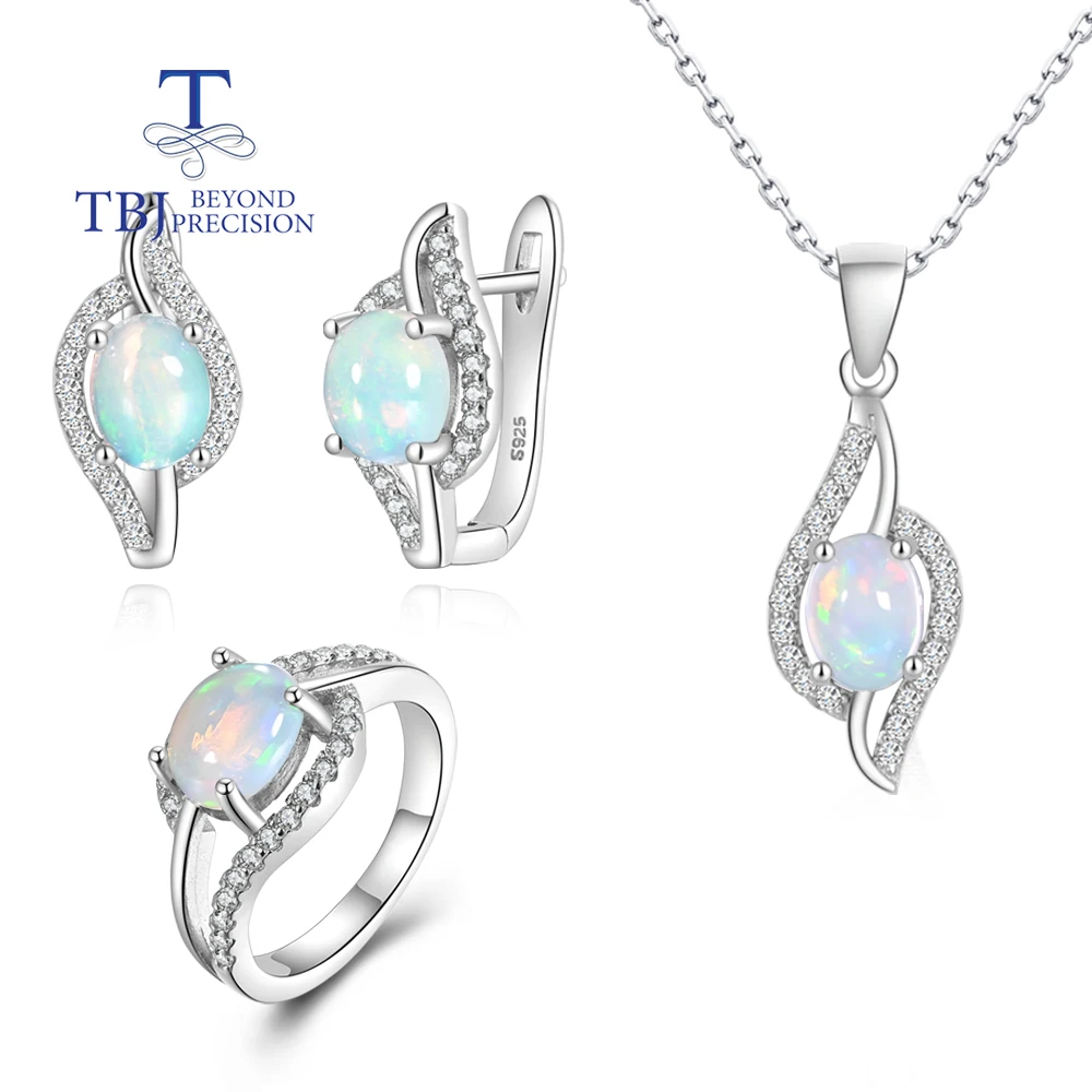 100% Natural Opal Jewelry set 925 sterling silver pendant necklace earring ring real gemstone fine jewelry with box for women