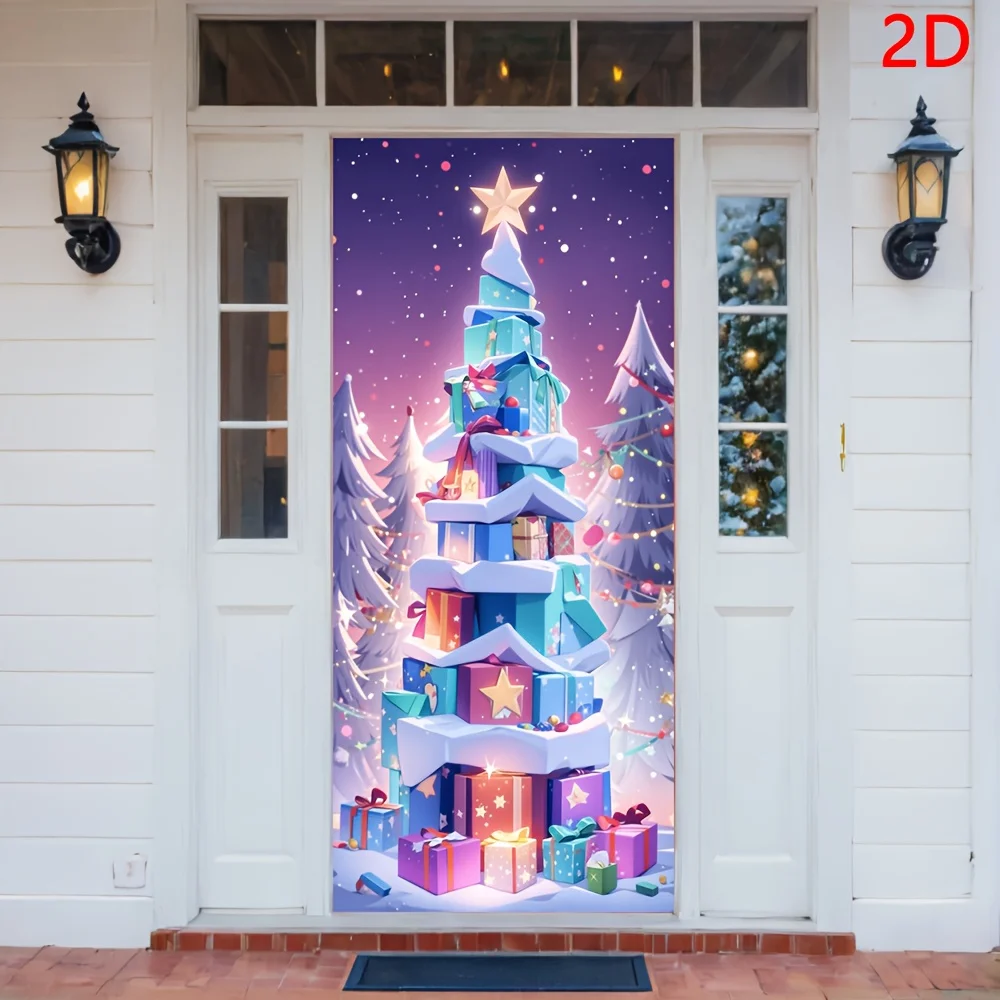 علم باب ثنائي الأبعاد، 1 غطاء باب شجرة عيد الميلاد احتفالي، سهل التركيب والإزالة، مقاوم للبقع، مناسب لتزيين الحفلات