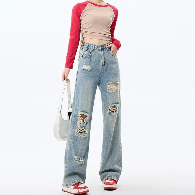 

Женские джинсы с регулируемыми пуговицами, свободные, широкие, с высокой талией, рваные, прямые, в пол, для фигуры типа «груша»