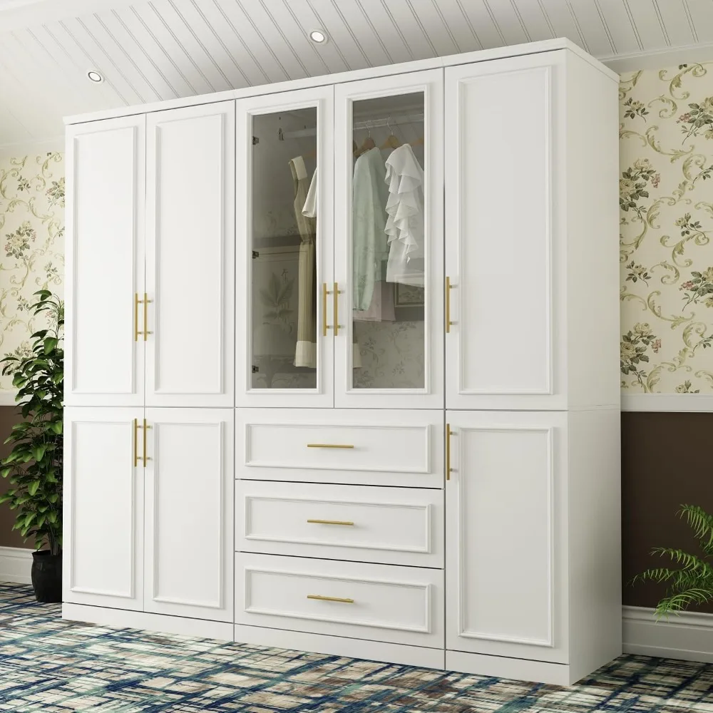 Modern Wardrobe Cabinet with 8 Doors and Hanging Rods, Closet with Gold Handles, Wardrobe with Glass Doors and 3 Drawers