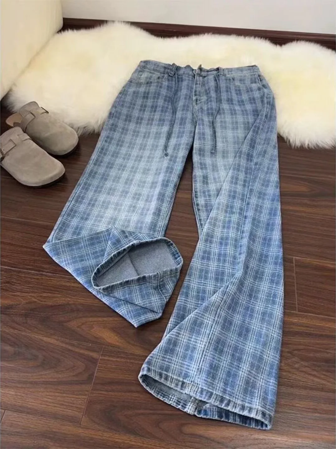 

Мужские джинсы в американском стиле синие в клетку, осень 2025, новинка, трендовые свободные прямые повседневные брюки, комфортная посадка