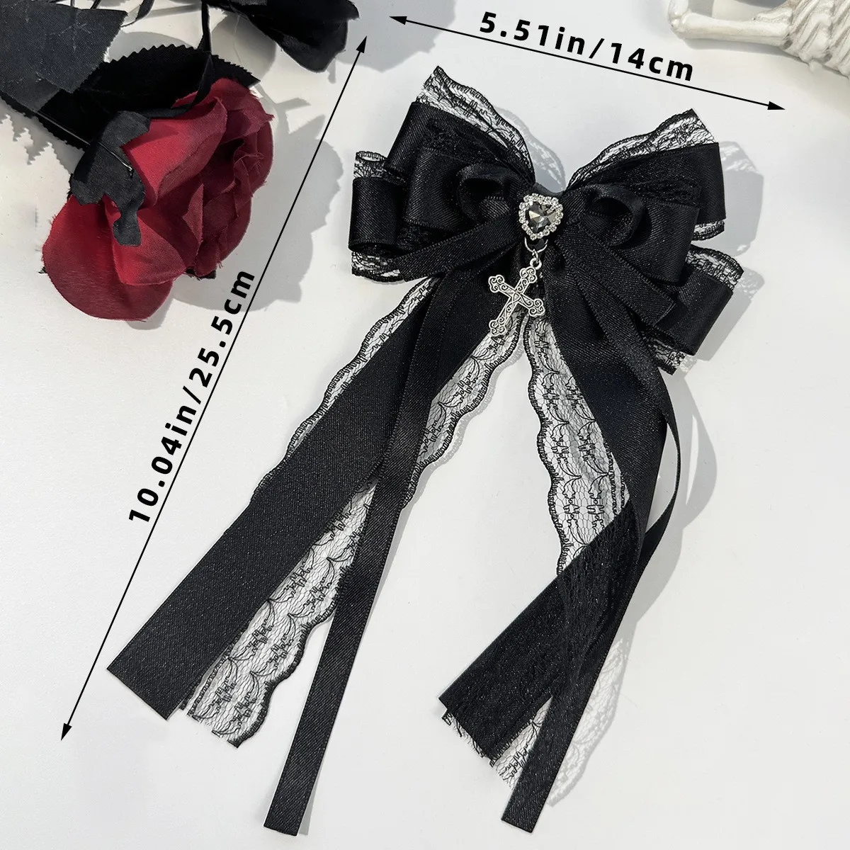 Gotische Schwarz-Rote Spitzen-Satin-Haarspange mit Vintage-Strass-Quaste, Lolita-Haaraccessoires für Alltag, Party und Hochzeit – Detail 10