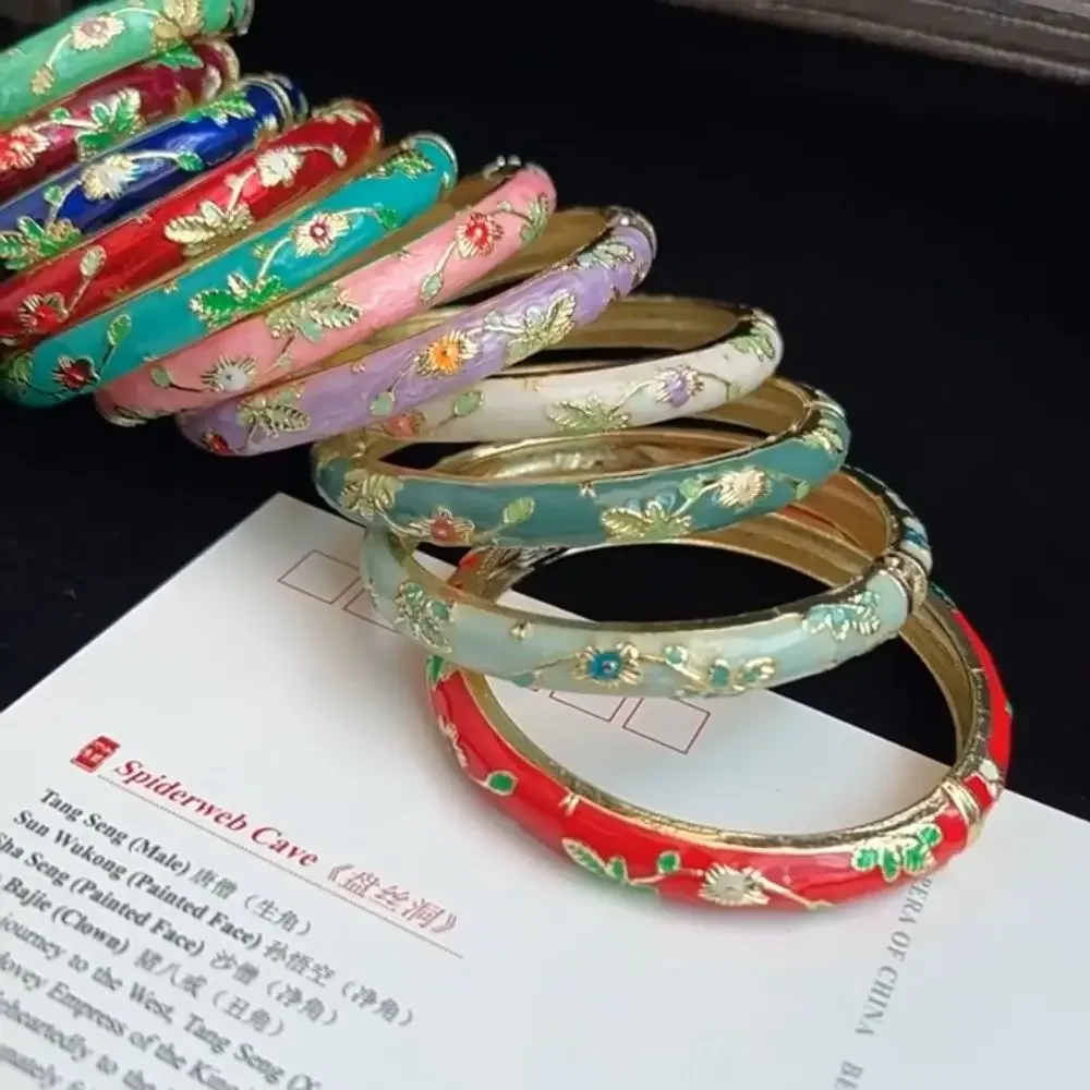 Enamel Chinese Cloisonne Bracelet Double Bangle Chinese Peony Filigree Flower Bangle Traditional Vintage Women's Hand Bracelet