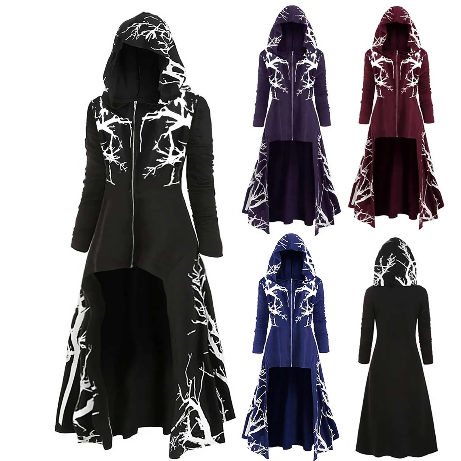 Womens And Men Hooded Cloak Halloween Dress Plus Size Tree Print High Low Printed Coat Blouse Tops Party Zipper Cloak Costumes