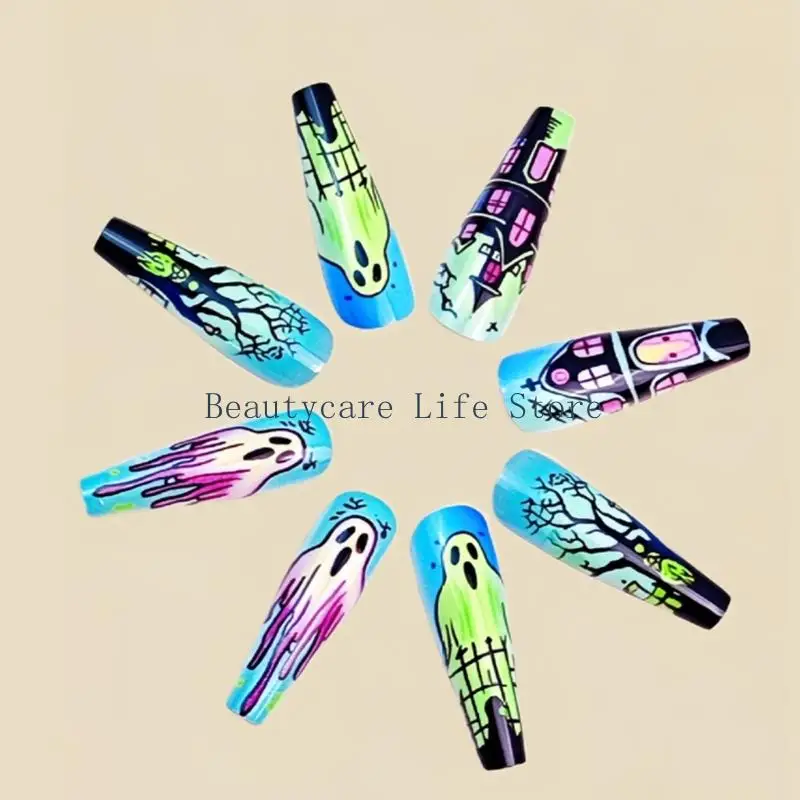 652C 24Pcs/set Halloween False Nail with Glues Strips Long Ballet Blue Ghostly Forest Design ABS Fake Nail For Women Party