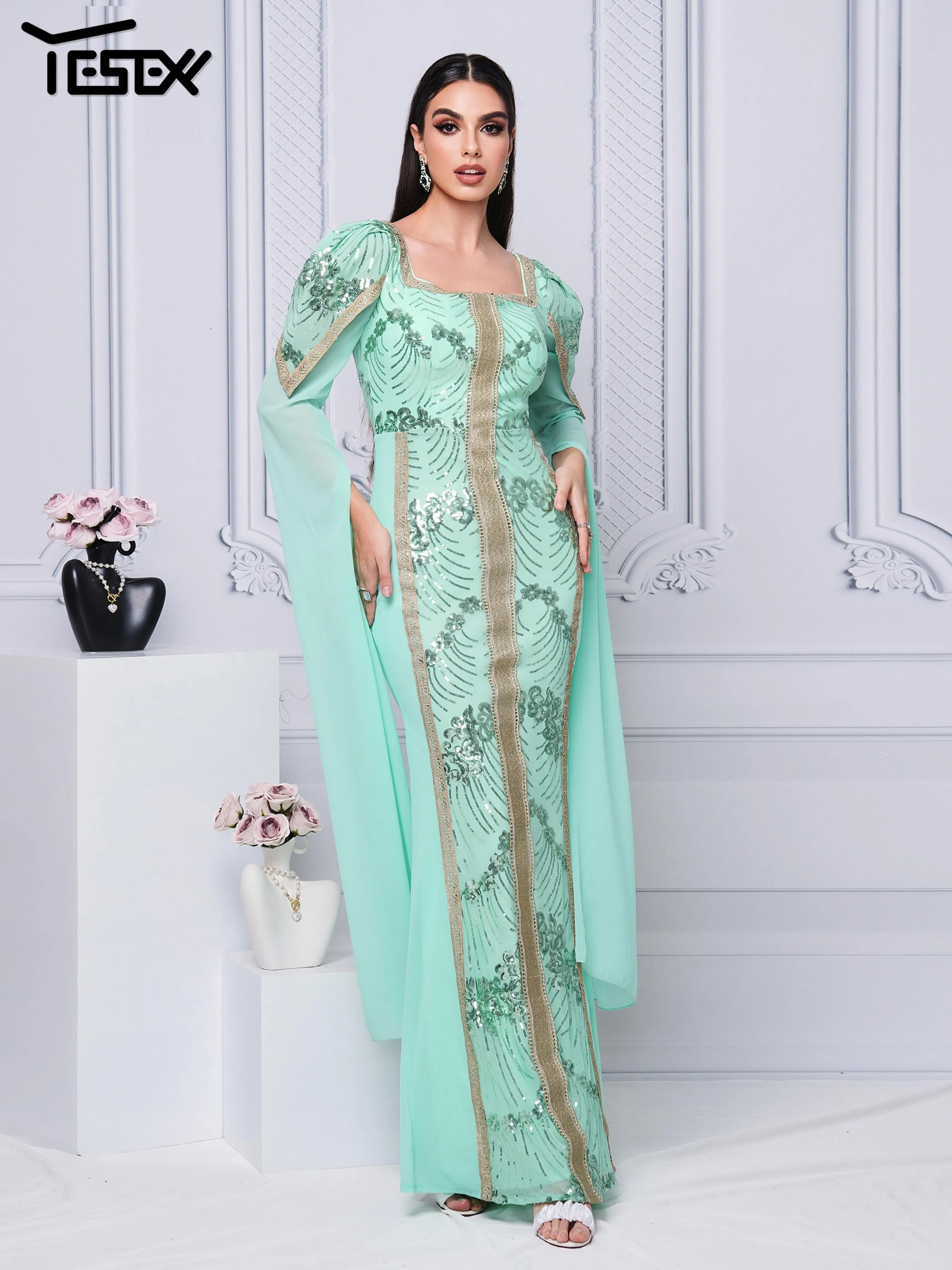 

Yesexy 2024 New Green Church Dress Square Neck Extend Sleeves Sequin Mermaid Evening Gown Maxi Wedding Birthday Party Dress