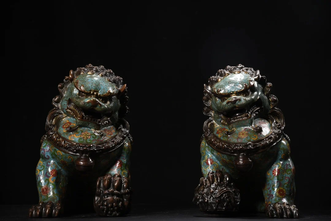 

11"Tibetan Temple Collection Old Bronze Cloisonne Enamel Flower Door God Lion Statue A Pair Amass wealth Ornaments Town house