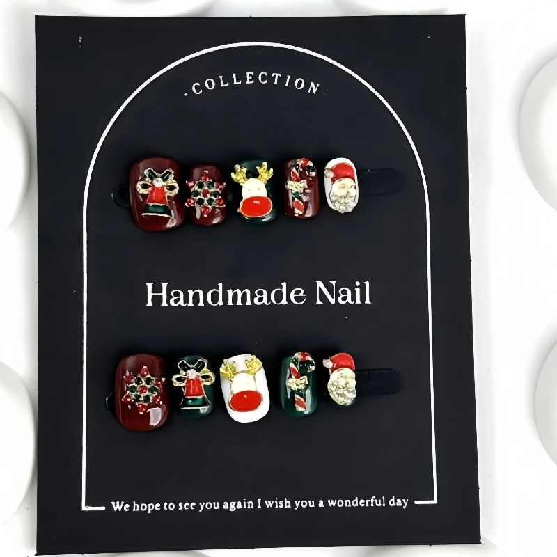 Novo natal unhas arte imprensa-em unhas conjunto curto squre com elementos de férias removível santa & floco de neve padrão manicure kit