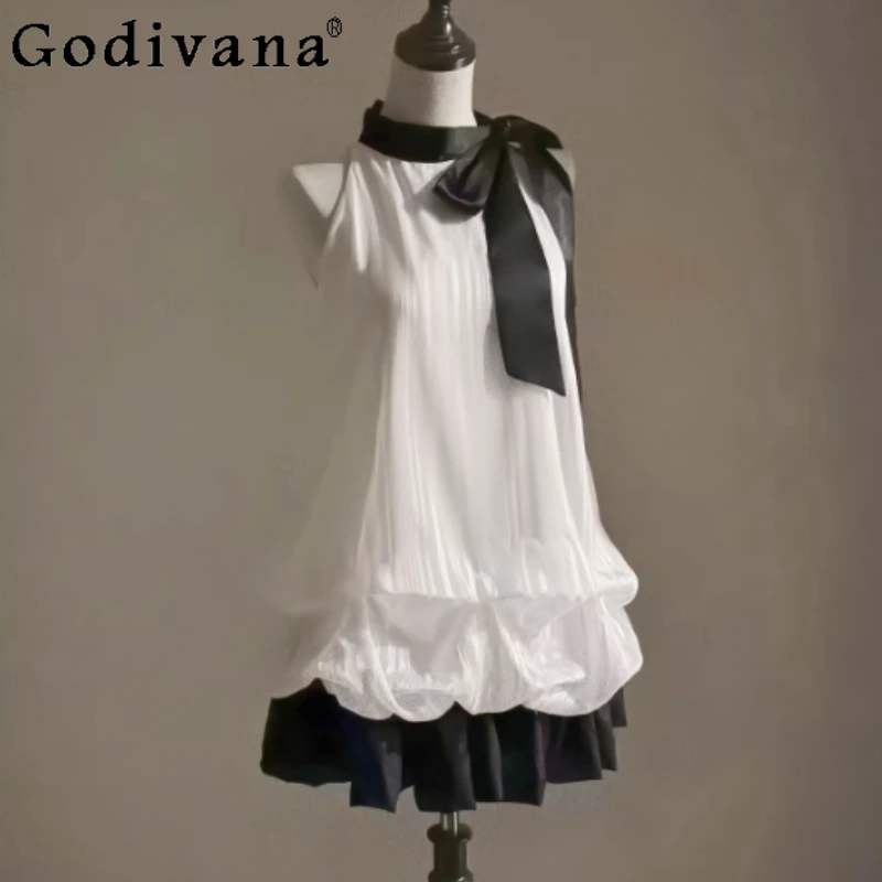 

Spring Summer Vintage Fake Two-piece Sexy Sleeveless Neck Dress Fashion Versatile Age Reduction Loose Sweet Bow Short Dresses