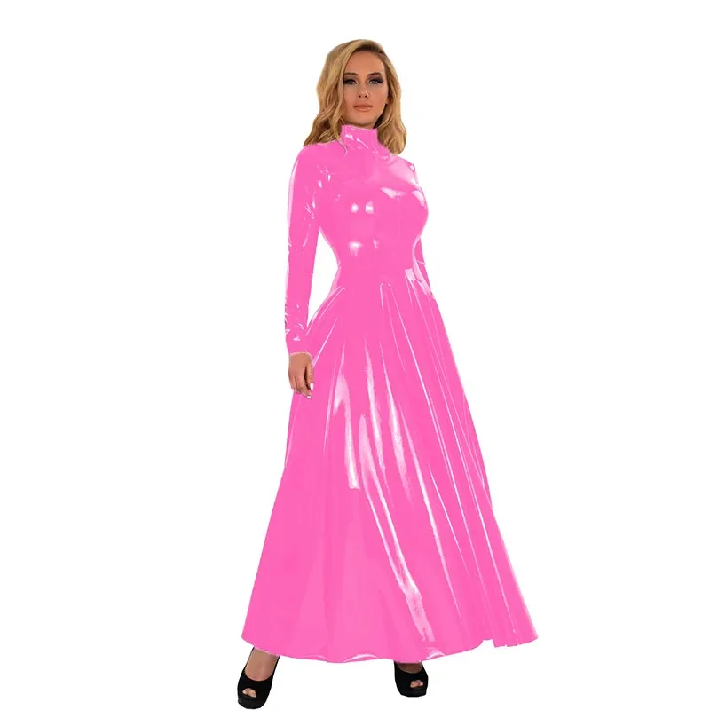 

Women PU Long Sleeve Dress Faux Latex Pendulous Maxi Dress Floor Length High Neck PVC Patent Leather Slim Party Clubwear Custom