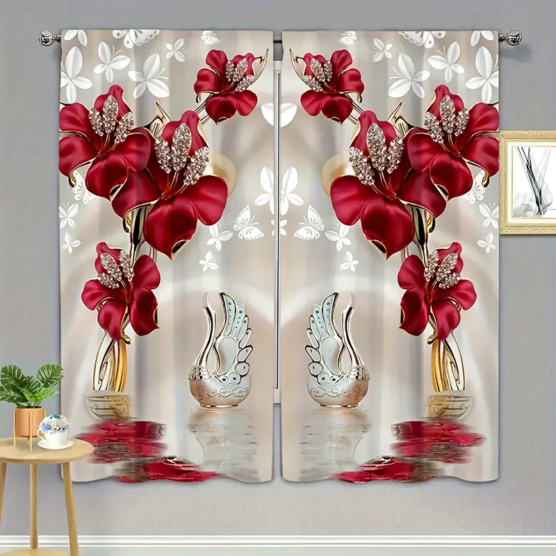 

2pcs- Red flower - Printed curtains, suitable for home decoration in bedrooms and living rooms