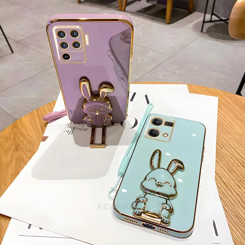 Reno5lite Plating Rabbit Holder Lanyard Case For Oppo Reno 5 6 7 Reno5 Lite A54 A16 A55 A57 4g 5g A94 A78 Silicone Stand Cover