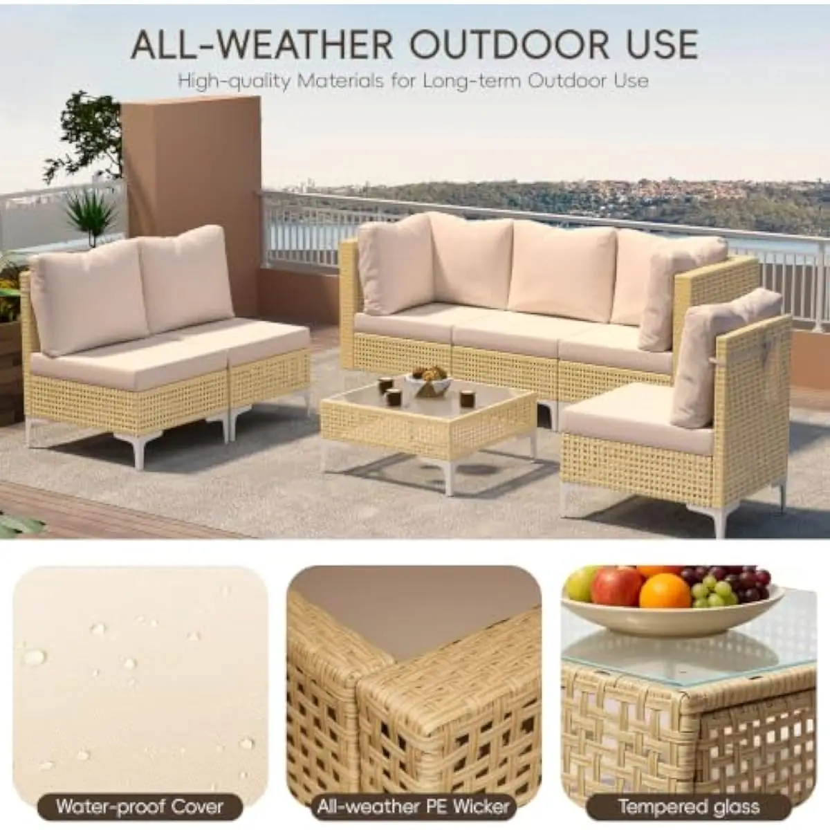 Boho-Inspired Outdoor Sofa Set with Modular Corner Chairs and Coffee Table – Weatherproof PE Rattan Frame, Beige Water-Resistant