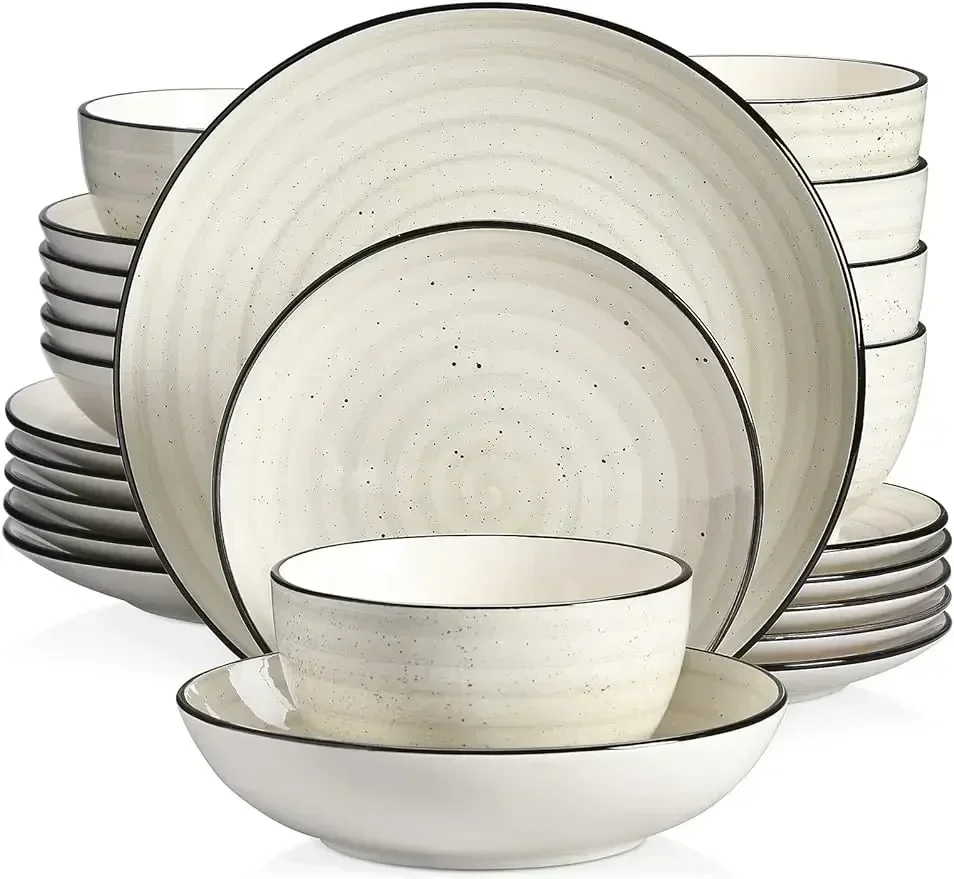 vancasso Stoneware Dinnerware Sets 24 Pieces Bonbon Beige Dinner Set, Plates and Bowls Sets with Dinner Plates Pasta Bowls Soup