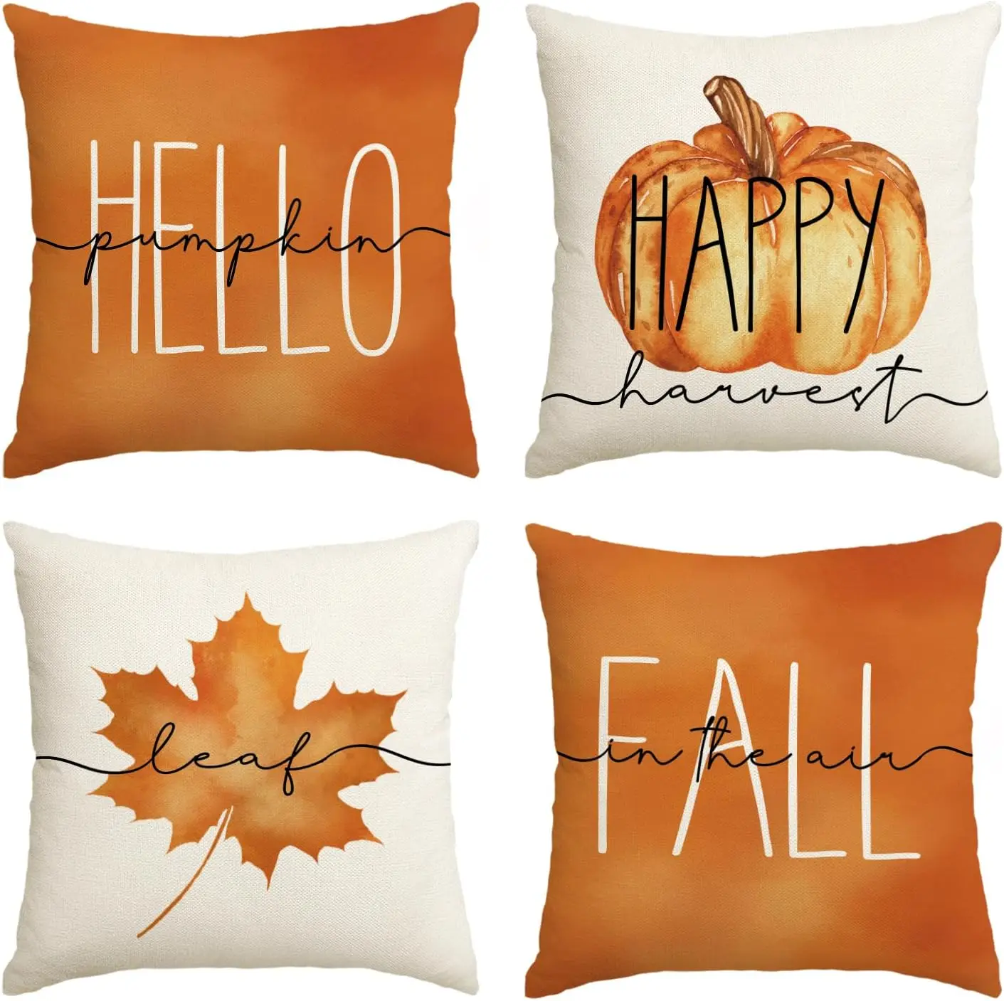 Pumpkin Fall Happy Harvest Maple Leaf Throw Pillow Covers,  Autumn Seasonal Cushion Case for Sofa Couch Set of 4