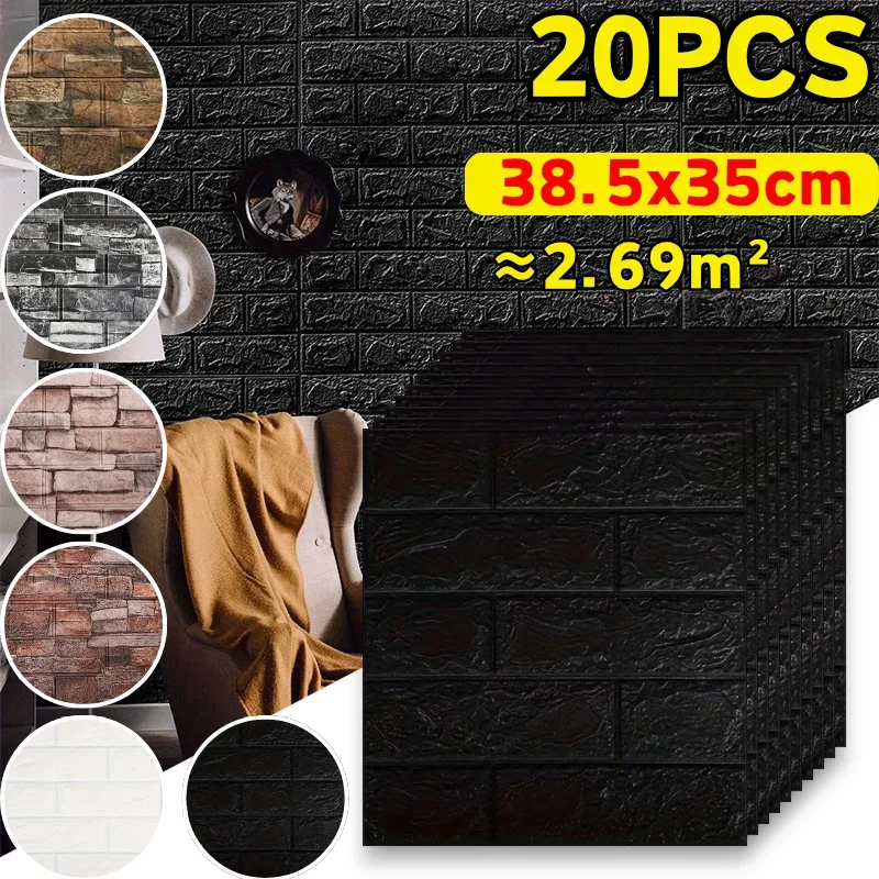 Classic 3D Brick Wallpaper 20Pcs 38.5cmx35cm Waterproof Self Adhesive Wall Sticker TV Backdrop Indoor Home Wall Decor