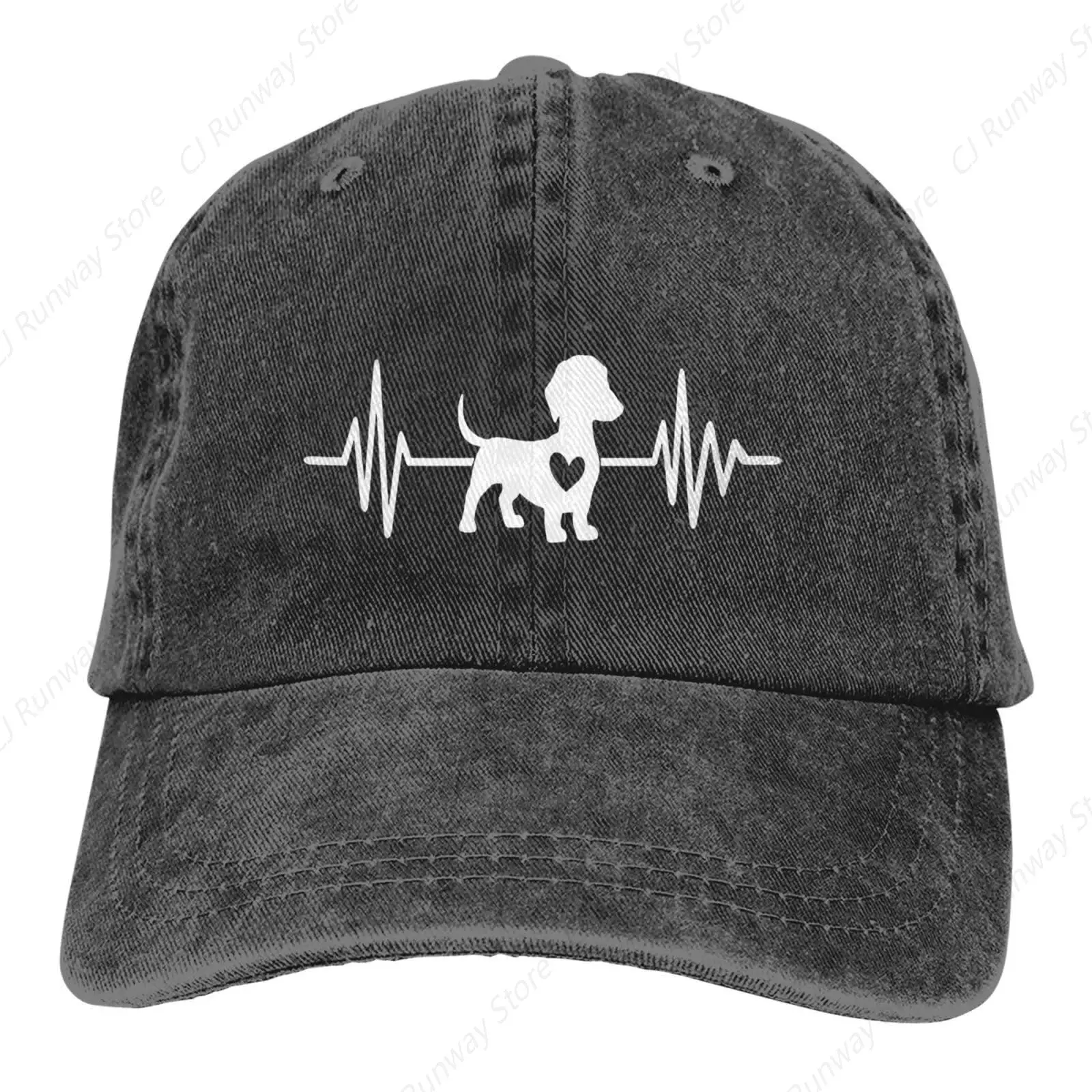 Women's Dachshund Dog Heart Hat, Adjustable Vintage Washed Baseball Cap for Dad and Mom Black