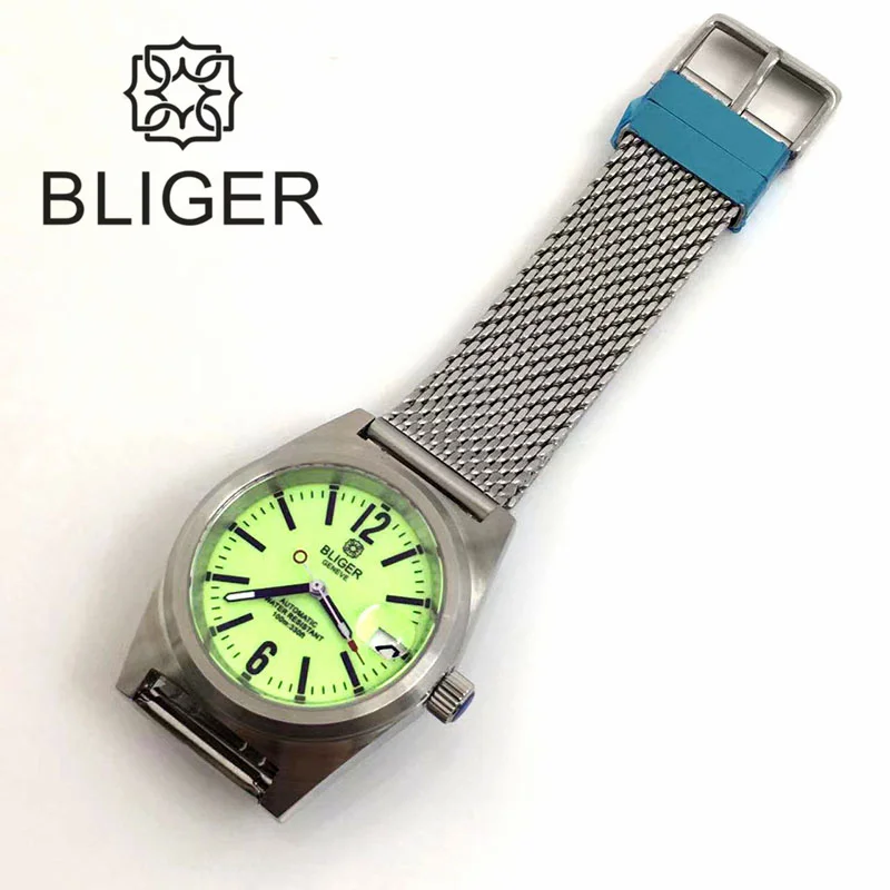 BLIGER Classic Mechanical Wristwatches 39mm Men Watch NH35 Movement Mesh Band Brushed Fixed Bezel White Dial Green Luminous Date