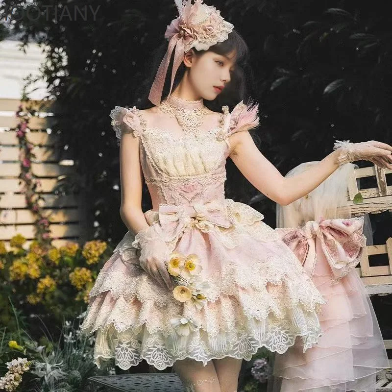 Flower Wedding Dress Suspender Wedding Birthday Dress Princess Sweet Girl Cute Butterfly Heavy Lace Holiday Party Lolita Dress