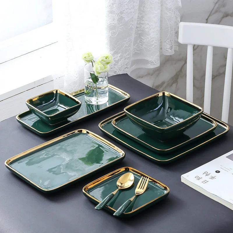 Moderno Luxo Prato de Cerâmica Verde Escuro, Pratos de Jantar, Home Golden Border, Porcelana Steak Pasta Plate, Conjunto de Louça