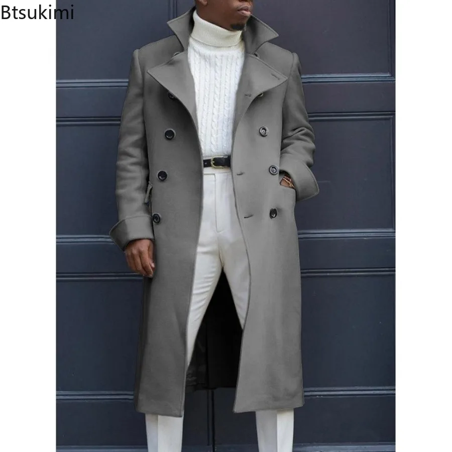 New 2026 Autumn Winter Men's Trench Coat British Style Fashion Slim Fit Double Breasted Overcoats Mid-Length Casual Woolen Coats