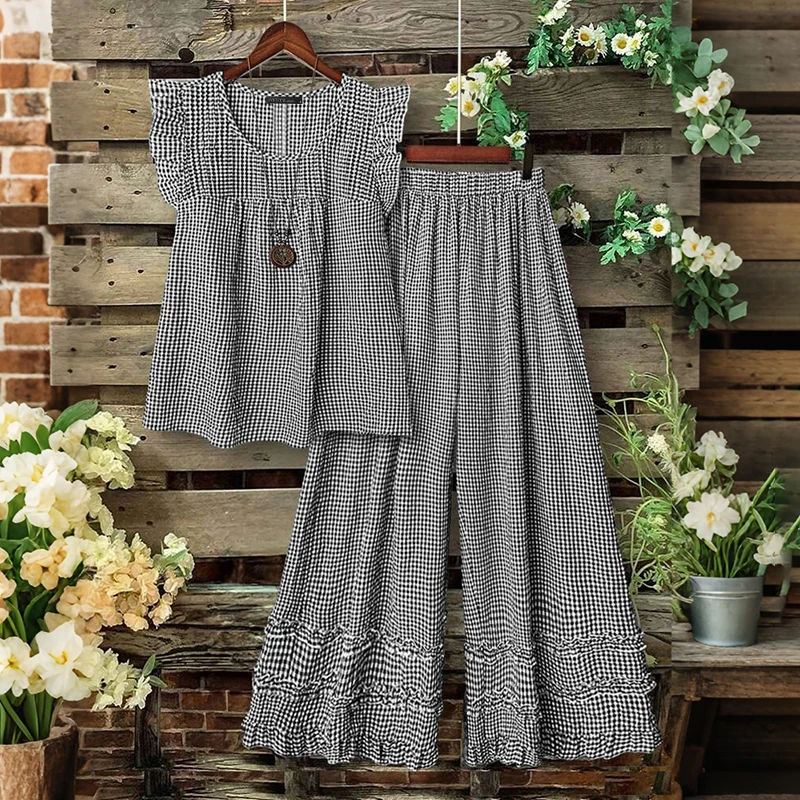 ZANZEA 2026 Damen-Sets: Ärmellose Vintage-Karo-Oberteile mit ausgestelltem Saum und lange Rüschenhosen – Lässige zweiteilige Outfits, passende Sets, Oversized