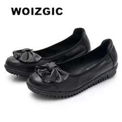 WOIZGIC Ladies Female Women Mother Genuine Leather Shoes Flats Slip On Soft Bow Sapatos Femininos Plus Size 42 43 JZ-688