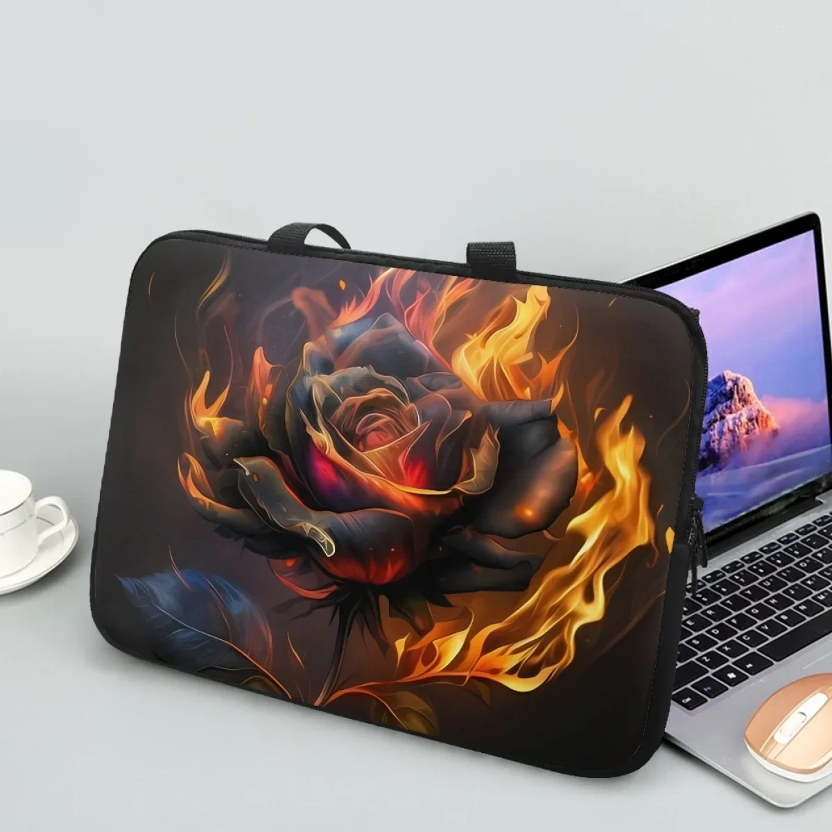 

Burning Roses Luxury Designer Handle Tablet Bags High Quality Portable Travel Commuting Notebook Case Birthday Halloween Gift