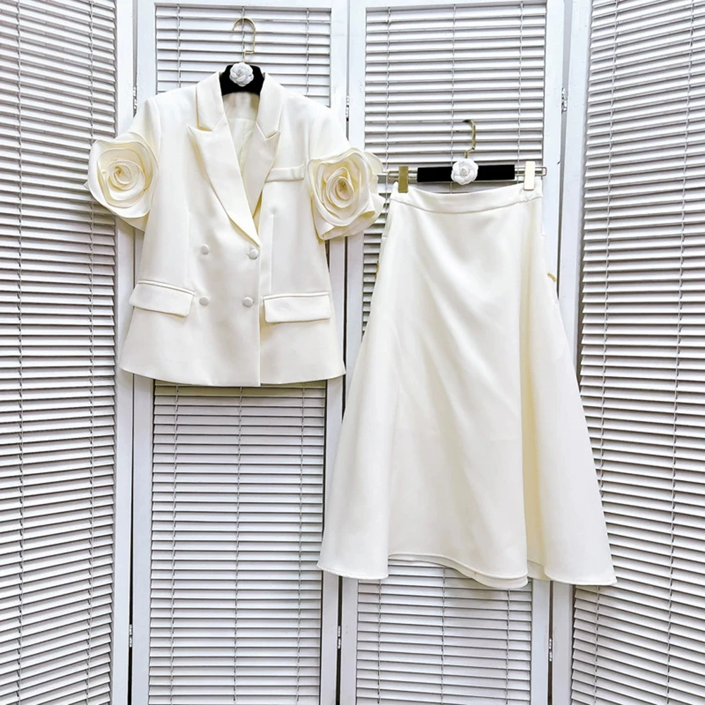 French high-end fashion three-dimensional flower splicing small suit solid color temperament skirt two-piece suit-GZXX255