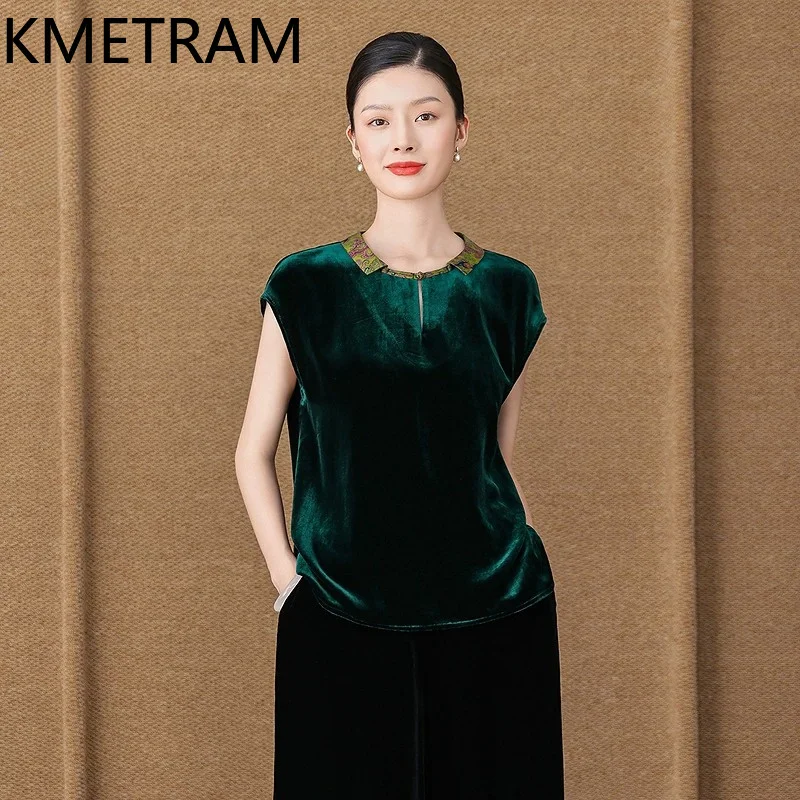 KMETRAM 100% Mulberry Silk Top Women 2026 Spring New Elegant Velvet Sleeveless Base Layer T-shirt Female Clothing Blusa Feminina