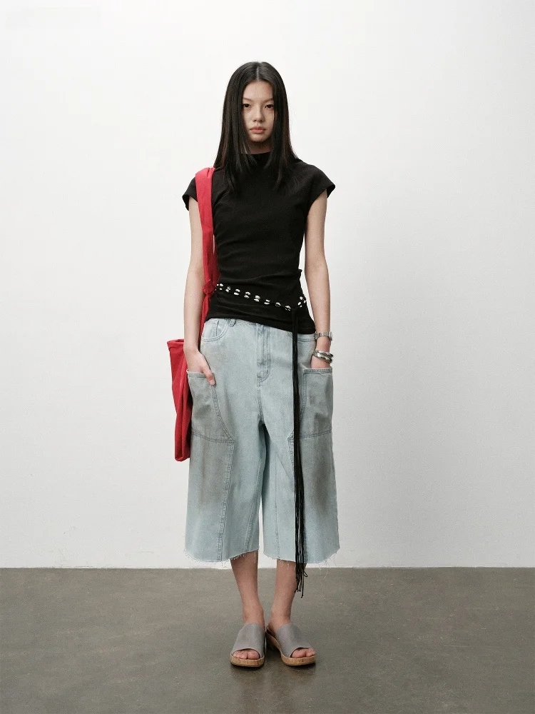 

KUCO Vintage Waed Distred 7/8 Length Loose Fit Jeans Men's Casual Low Waist Wide Leg Pants Summer Season