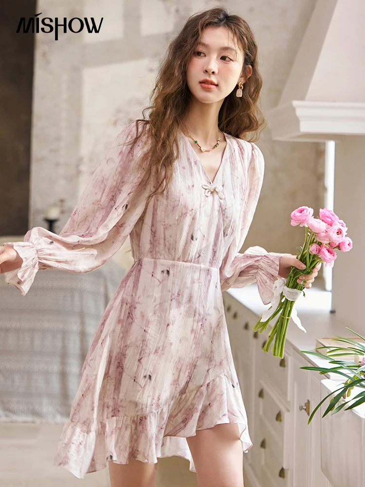 MISHOW Lantern Long Sleeve Floral Dress for Women 2024 Spring Summer French Romantic Sweet V-neck Midi Dresses Woman MXD14L1683