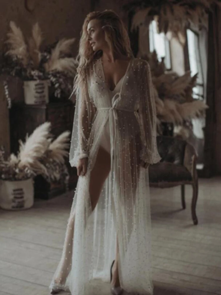 

New Pearl Long Sleeve Wedding Jacket Tulle Party Shawl Bolero Floor-Length Bridal Cape Sexy Pearl Robe Bridal Jackets