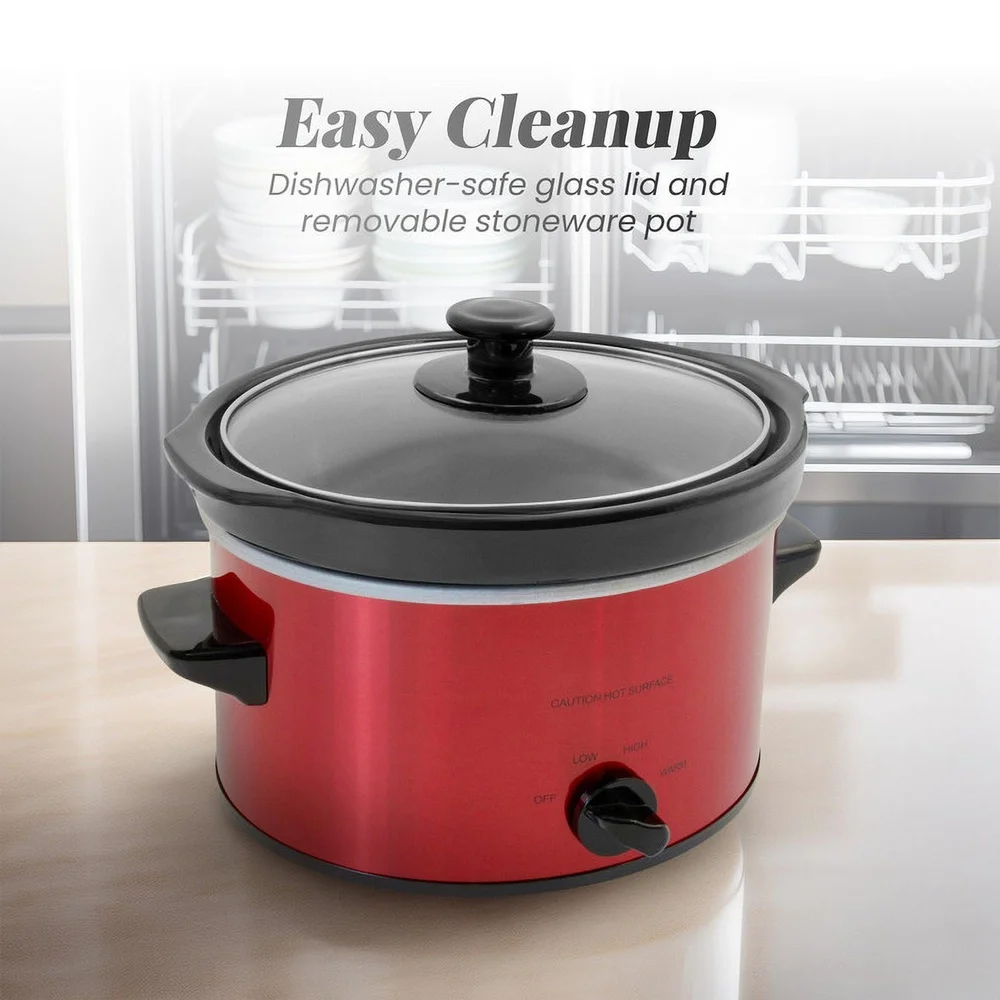2Qt Oval Slow Cooker with Dishwasher Safe Stoneware Pot Tempered Glass Lid Low High Defrost Settings Family Meals