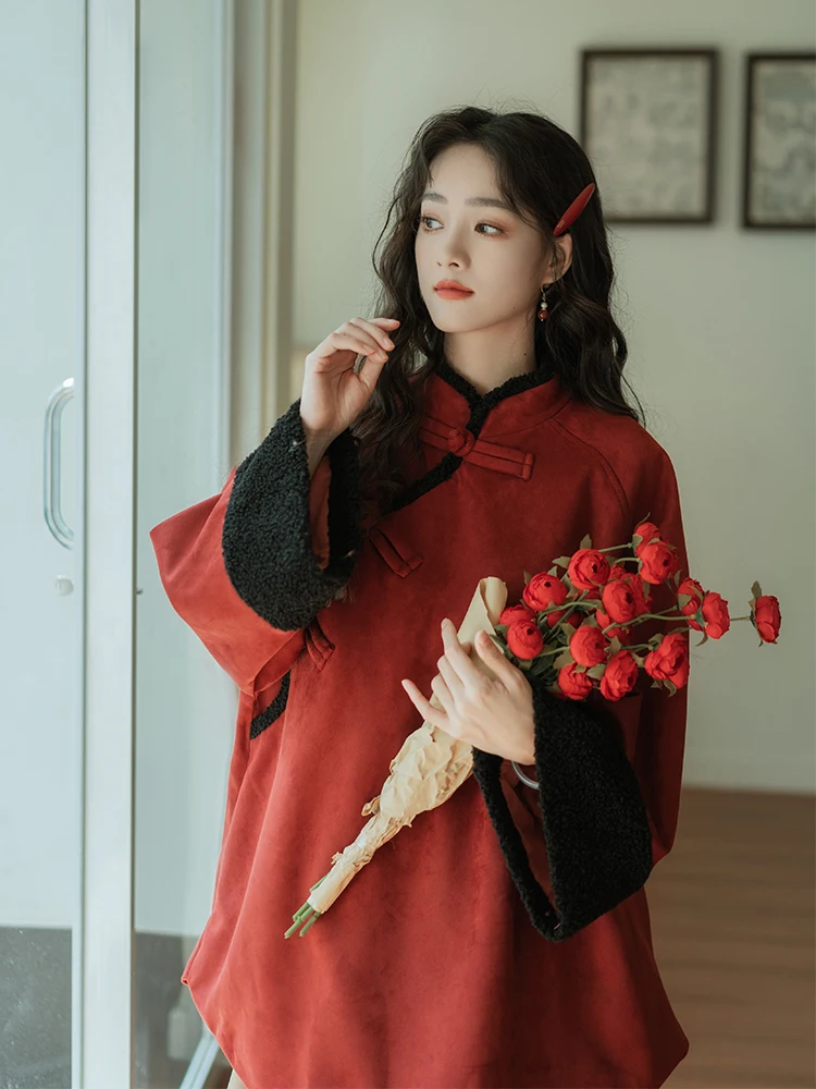 

Jiyunhe, новогодняя красная теплая верхняя одежда, топ, женский традиционный китайский топ с длинным воротником-стойкой, свободный крой Jaet