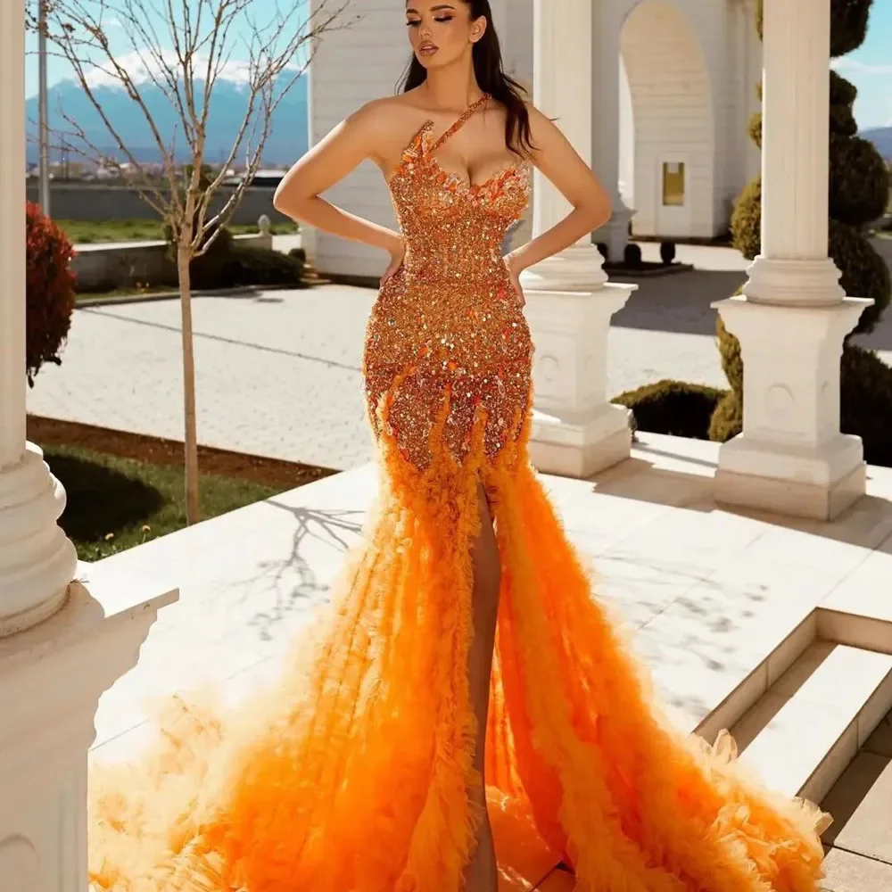 

2023 Sequins Prom Dresses Sexy One Shoulder Tiered Ruffles Gowns Party Dress Special Occassion فساتين للحفلات الراقصة